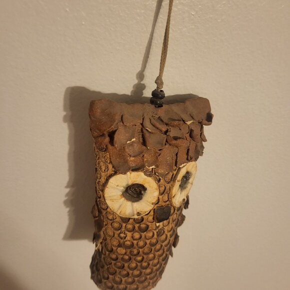 Studio Art Pottery Hanging Owl Wind Chime Decor Brown Garden Home Boho 7" high - Picture 9 of 11